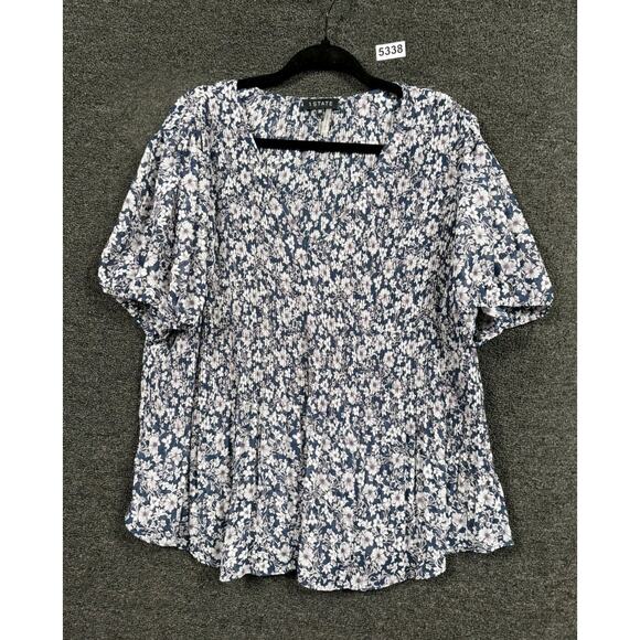 1. State Floral Blouse Womens Size 2X Blue White Short Sleeve Ruffle Hem - Picture 1 of 7